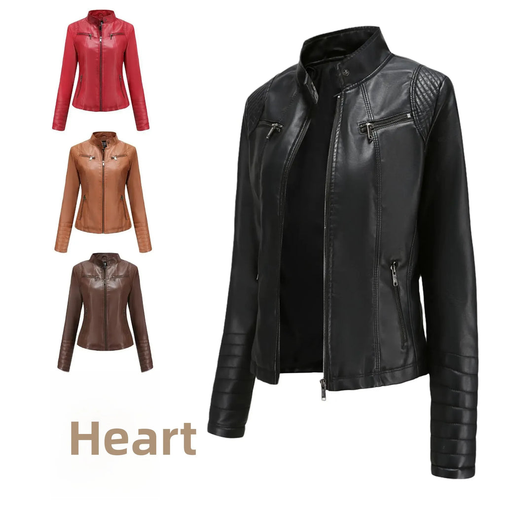 Neue 20-Damen-Lederjacke, dünn, Motorrad-Stil, kurze modische Damenjacke, Stehkragen, volle Ärmel, aus dem Festland China