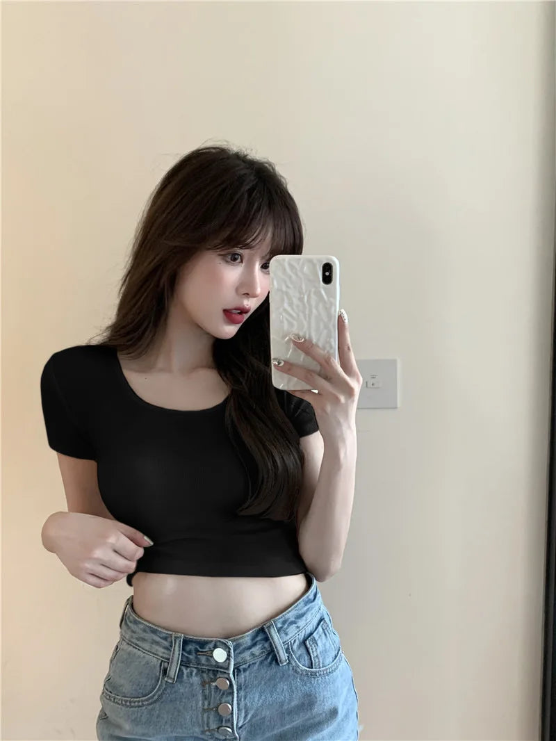 Sommerliche sexy Crop-Tops für Damen, schmal geschnitten, Kpop Y2K Kawaii Gothic T-Shirt, Harajuku Vintage, günstige Kleidung, süße Streetwear-Shirts