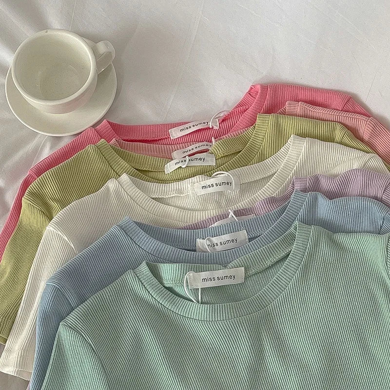 Damen T-Shirt mit Rundhalsausschnitt, Kurzarm, Koreanischer Stil, Mehrfarbig, Basic, Slim Fit Oberteil