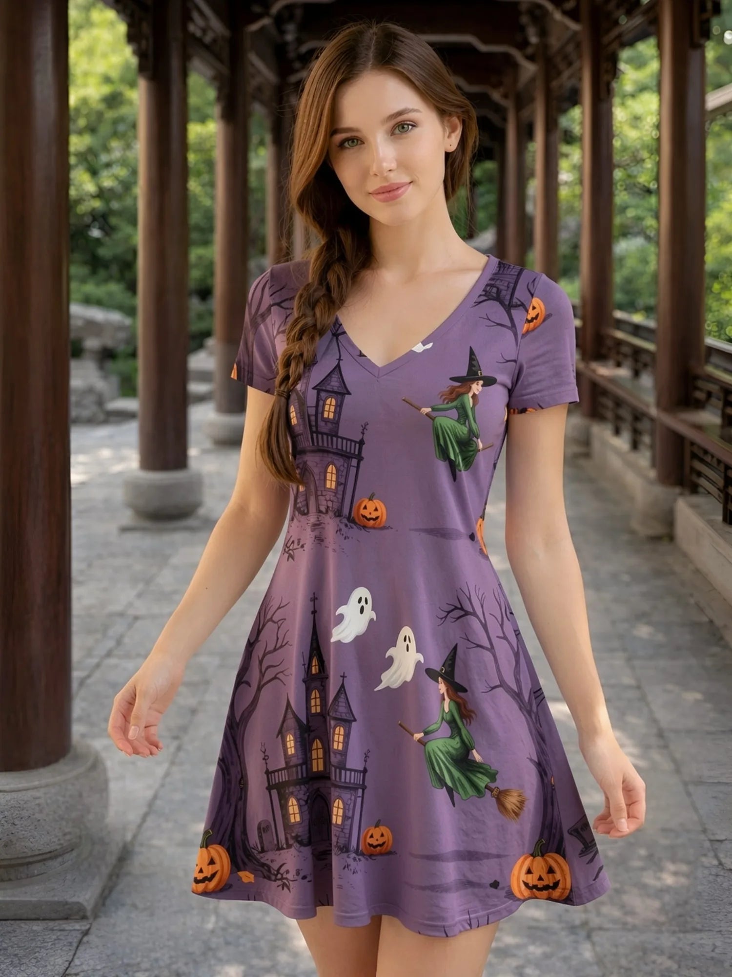 Damen-Kleid mit V-Ausschnitt und kurzen Ärmeln, Blumenmuster, lässig, für Wochenendreisen, Sommer, Sonnenkleid, Outfit, süß, modern, niedlich, frisch, Freizeit, Alltag, Party