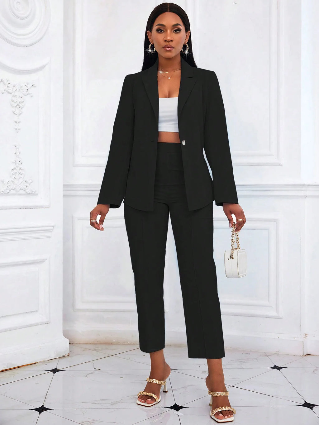 Damen Schwarzer Einfarbiger Zweiteiler 2026 Langarm-Blazer & Hochgeschnittene Cropped-Hose Set Büro-Arbeitskleidung Outfit