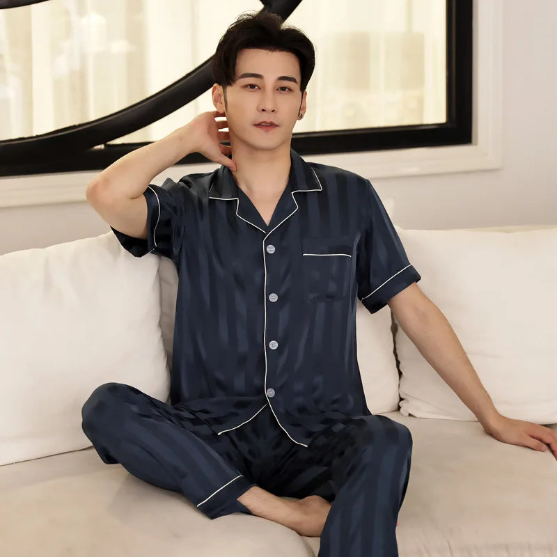 Hohe Qualität Pyjamas Set Männer Frühling Herbst Dünne Polyester Eis Seide Lange ärmeln Nachtwäsche Plus Größe Sommer Hause Kleidung männlichen