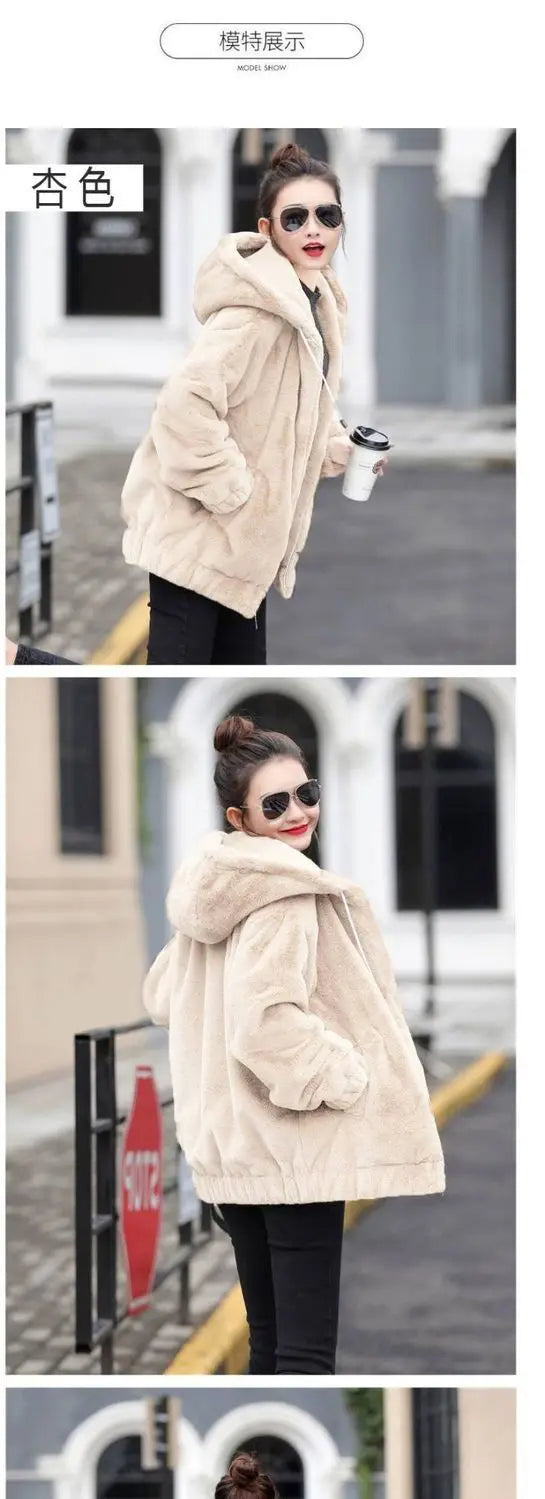 Plüsch-Kapuzenjacke für Damen, mittellang, Winter, neuer lockerer Plüsch, warmer, langer Ärmel, Plüsch, kurze Jacke, modischer Freizeitmantel