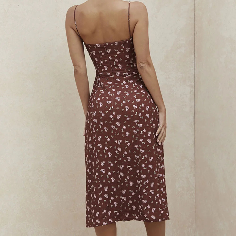Elegantes Damen-Blumenkleid für Strandurlaub und Streetwear, Sexy Tief Ausgeschnittenes Strandparty-Kleid mit Schlitz, Schickes Bodycon-Kleid Ärmellos für Damen