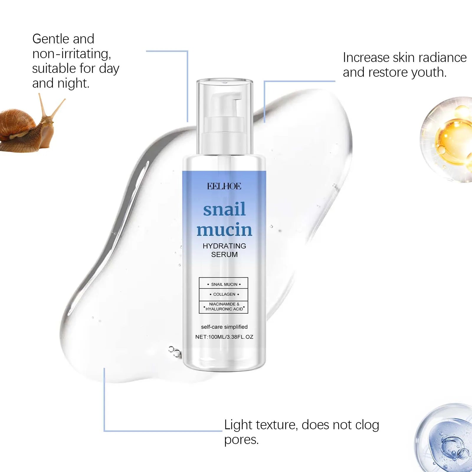 Snail Mucin Moisturizing Essence Tiefenpflege Straffende Haut verbessert effektiv Stumpfheit, feuchtigkeitsspendende, weichmachende Pflegeessenz