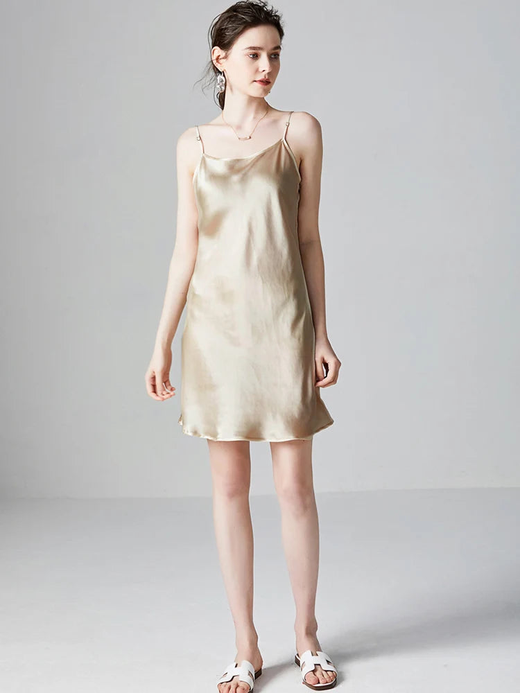 SuyaDream Damen-Minikleid, 19 mm, 100 % echte Seide, ärmellos, solide Spaghettiträger, Schlafkleider, 2022, elegante, schicke Kleidung