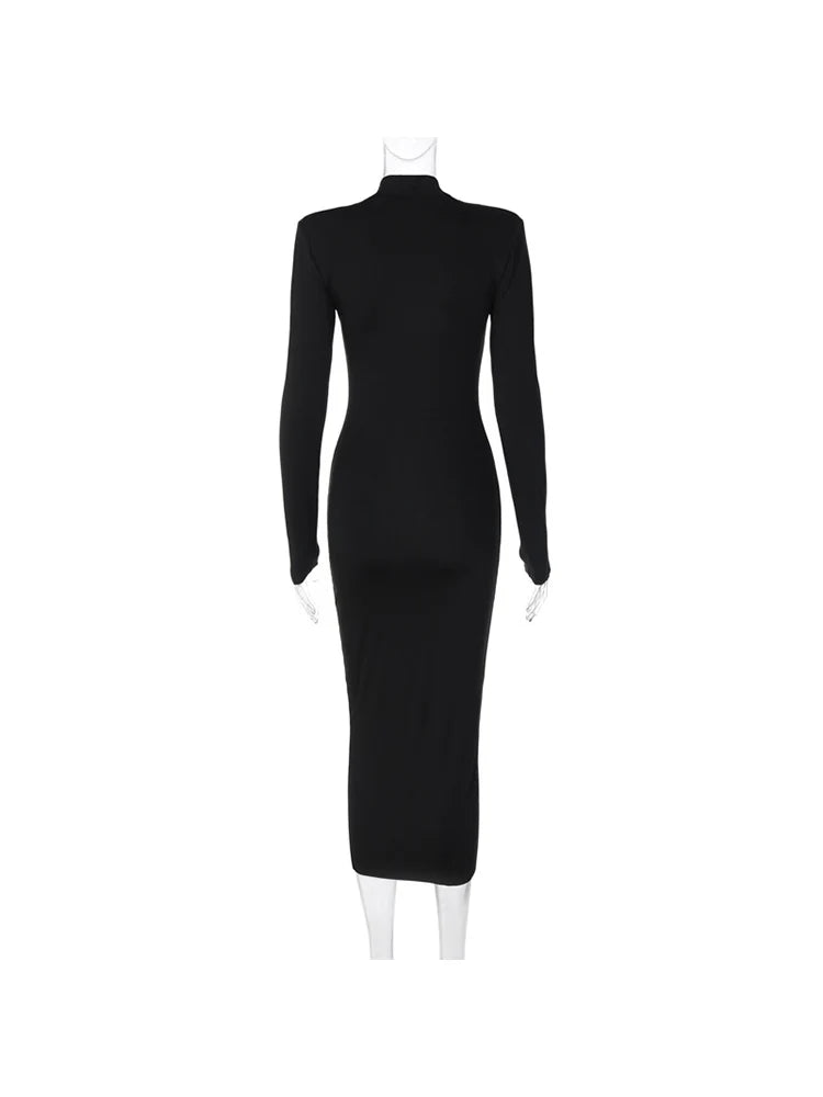 AHAgaga Winter Büro Dame Regelmäßige Sexy Bodycon Maxi Kleid Frauen Casual Langarm Schwarz Slim Kleider Frau Rollkragen Roben