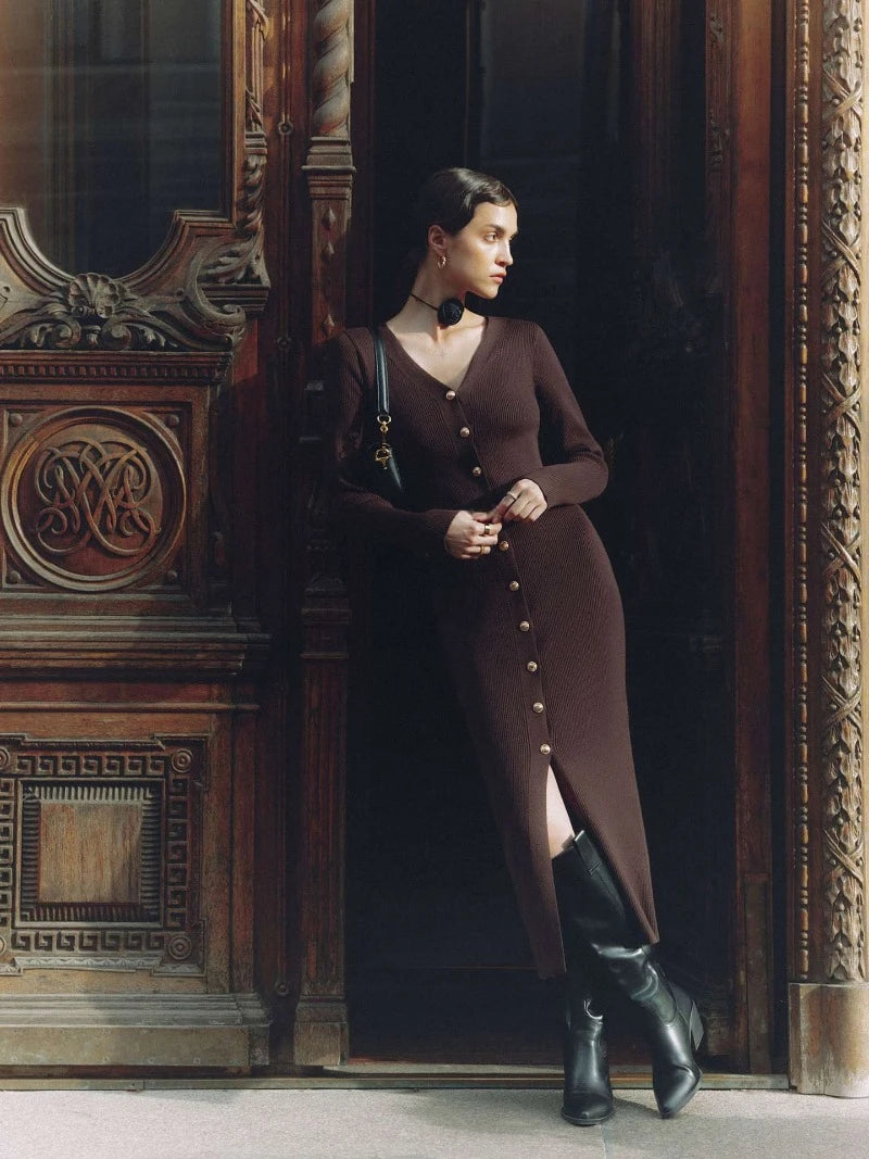 Trendix Elegantes Abendkleid für Damen, V-Ausschnitt, lange Ärmel, Patchwork, Knopf, Schlitz, Pullover, Kleider, 2024, Herbst und Winter, gestricktes Maxikleid