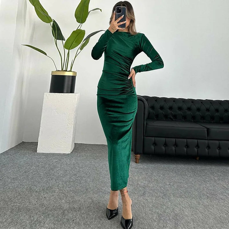 2024 frühling Sommer Samt Langarm Midi Kleid Für Frauen Geraffte Lange Kleid Elegante Party Kleidung Abend Grün Outfits