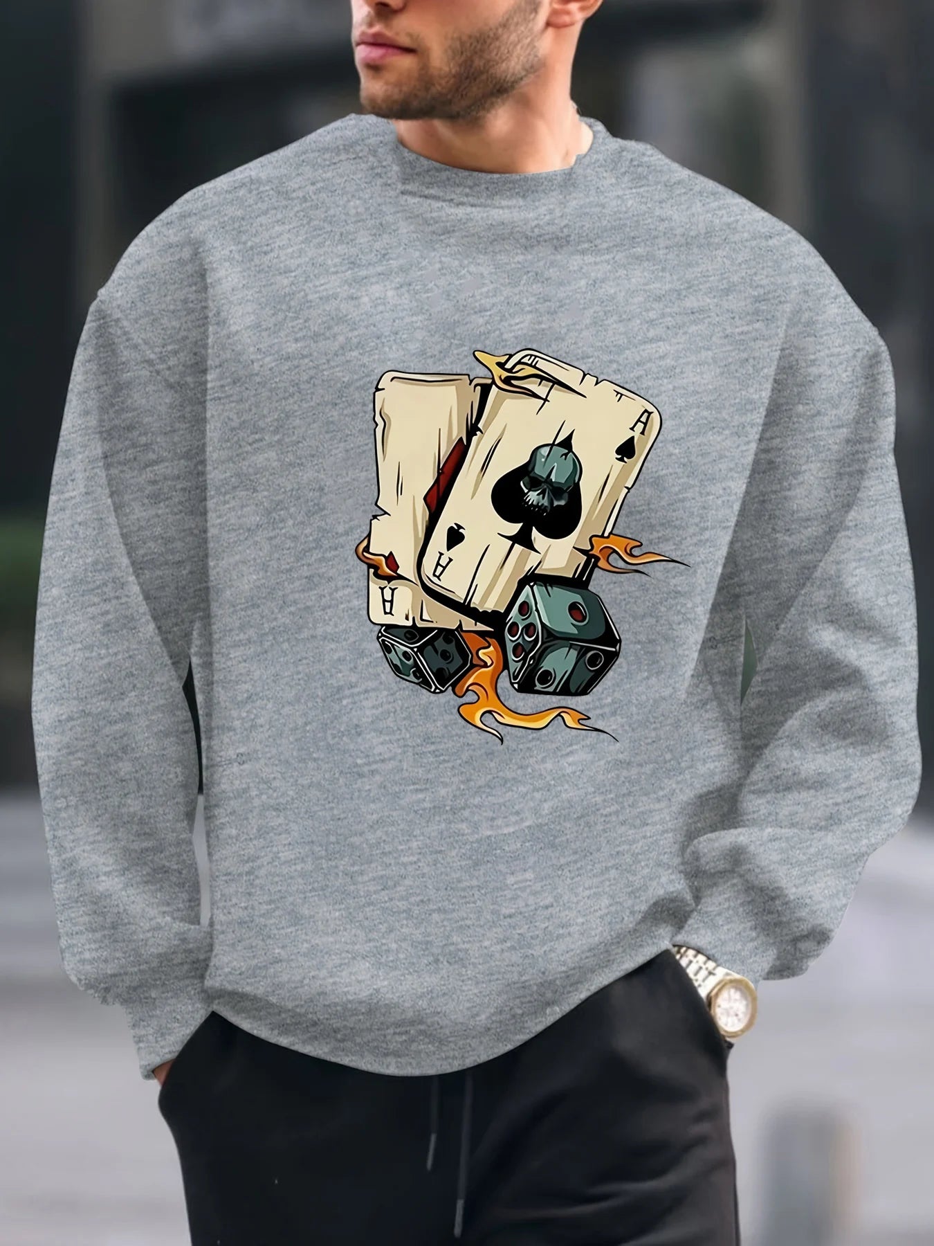 Men's autumn and winter fashionable casual loose poker and dice graphic printed long sleeved round neck sweatshirt