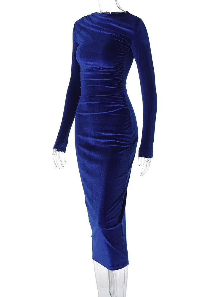 Dulzura 2024 Frühling Sommer Samt Langarm Midi Kleid Für Frauen Geraffte Lange Kleid Elegante Party Kleidung Abend Grün Outfits