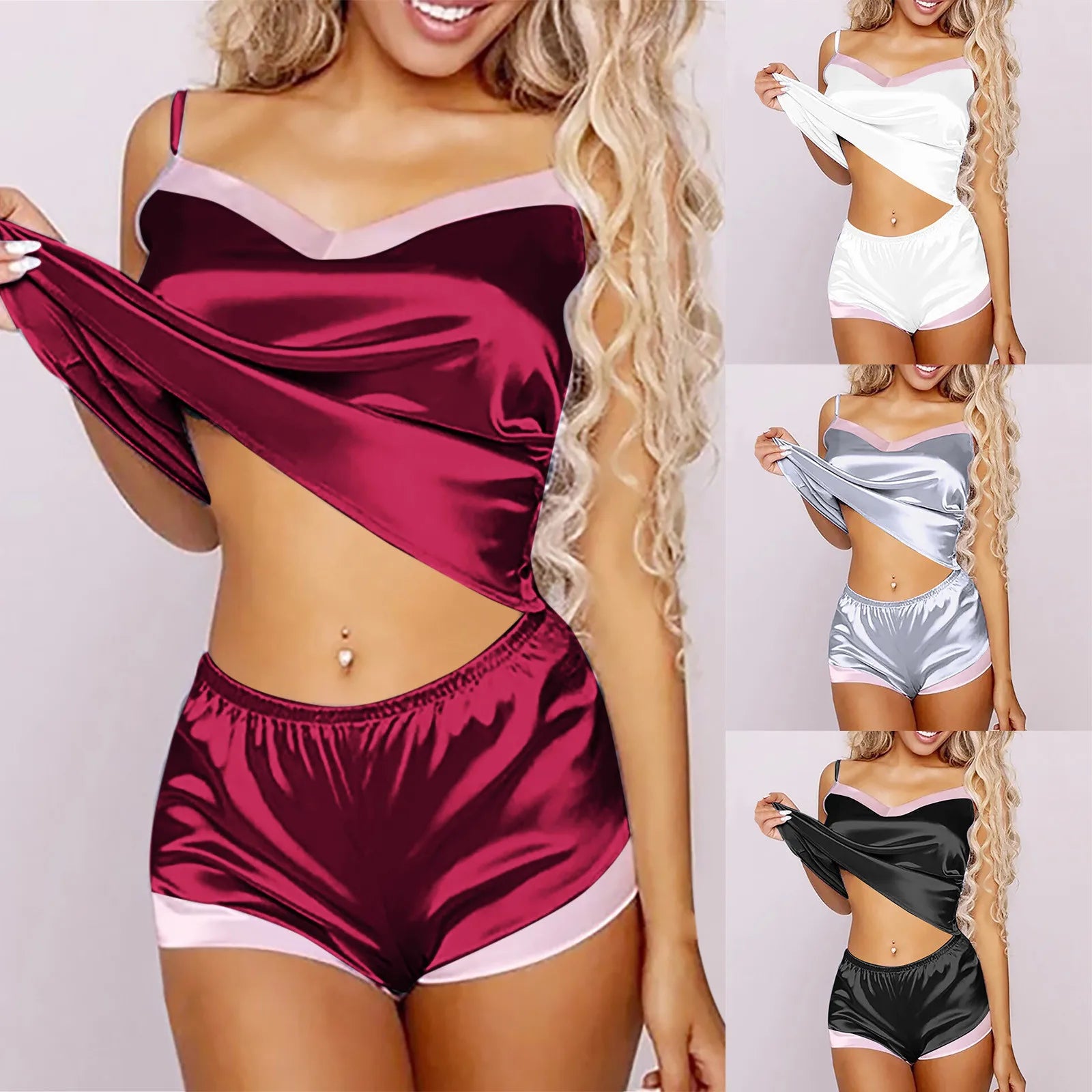 2024 Damen-Pyjama-Sets, V-Ausschnitt, Stretch-Satin, sexy Dessous, Nachtwäsche, Heimkleidung, Nachtwäsche