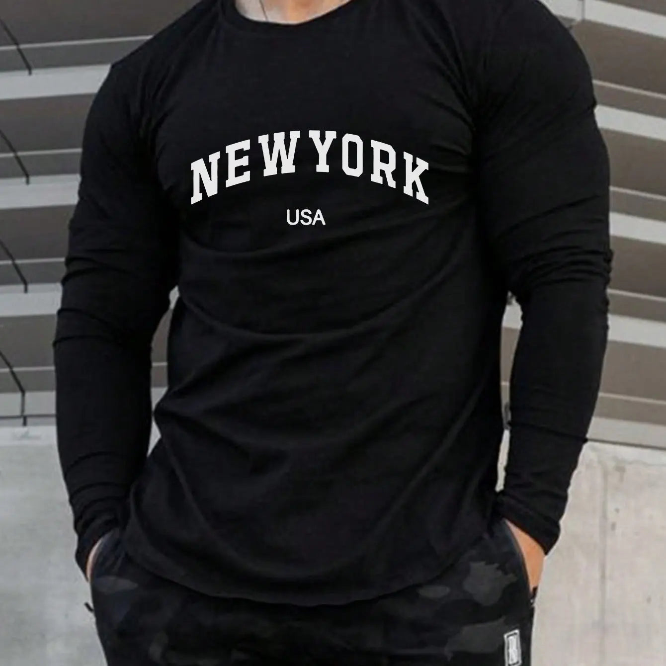 Men's 100% pure cotton comfortable sports casual loose plus size New York USA printed round neck long sleeved T-shirt top