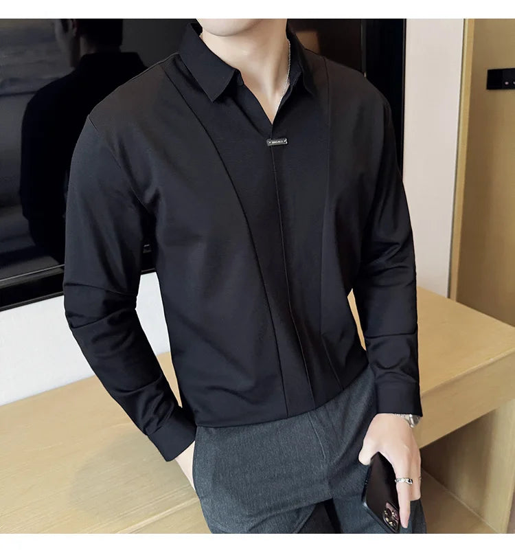 Men Long Sleeved Polo Shirt 2024 Autumn British Style Solid Casual Elastic Slim Fit T-shirt Formal Dress Polo Shirt Men Clothing