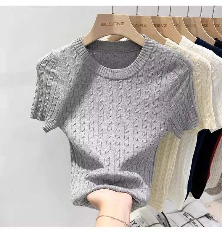 Zjaiss 2026 Sommer Koreanisches Retro Elegantes Textur-Kurzarm-Oberteil mit O-Ausschnitt und Zopfmuster für Damen – Weiches, lässiges, vielseitiges, dünnes T-Shirt