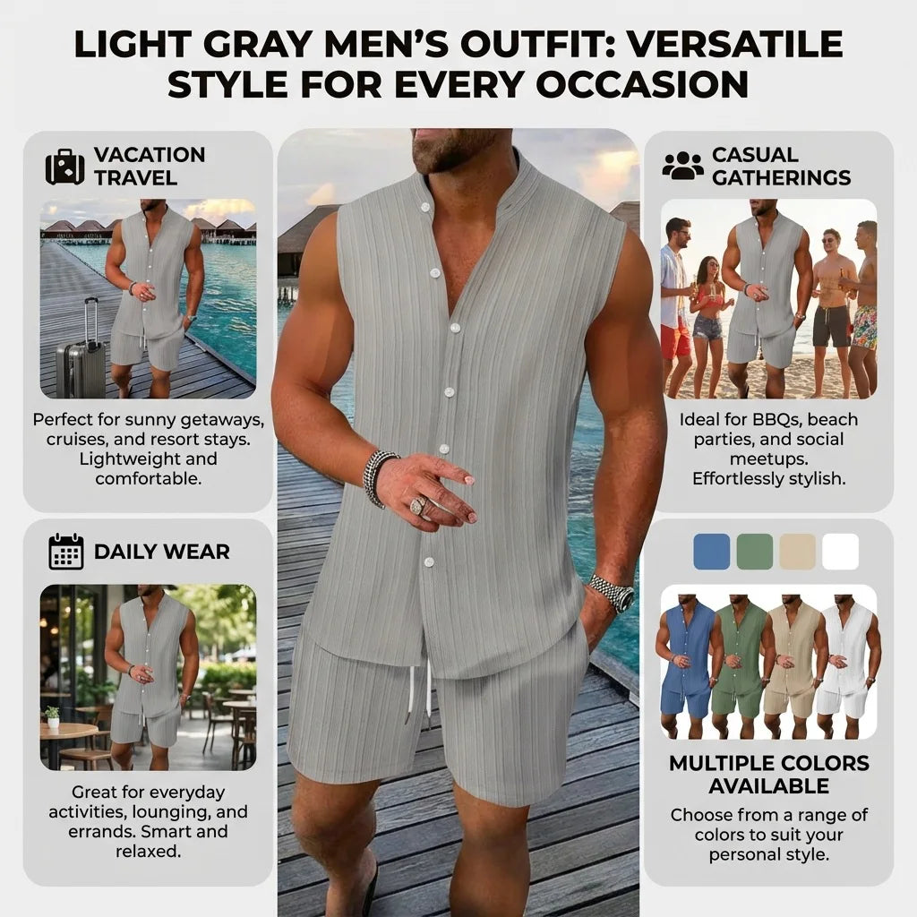 Sommer Neue Herren Mode Stehkragen Einfarbiges Besticktes Ärmelloses Hemd Shorts Set Lässige Strandkleidung