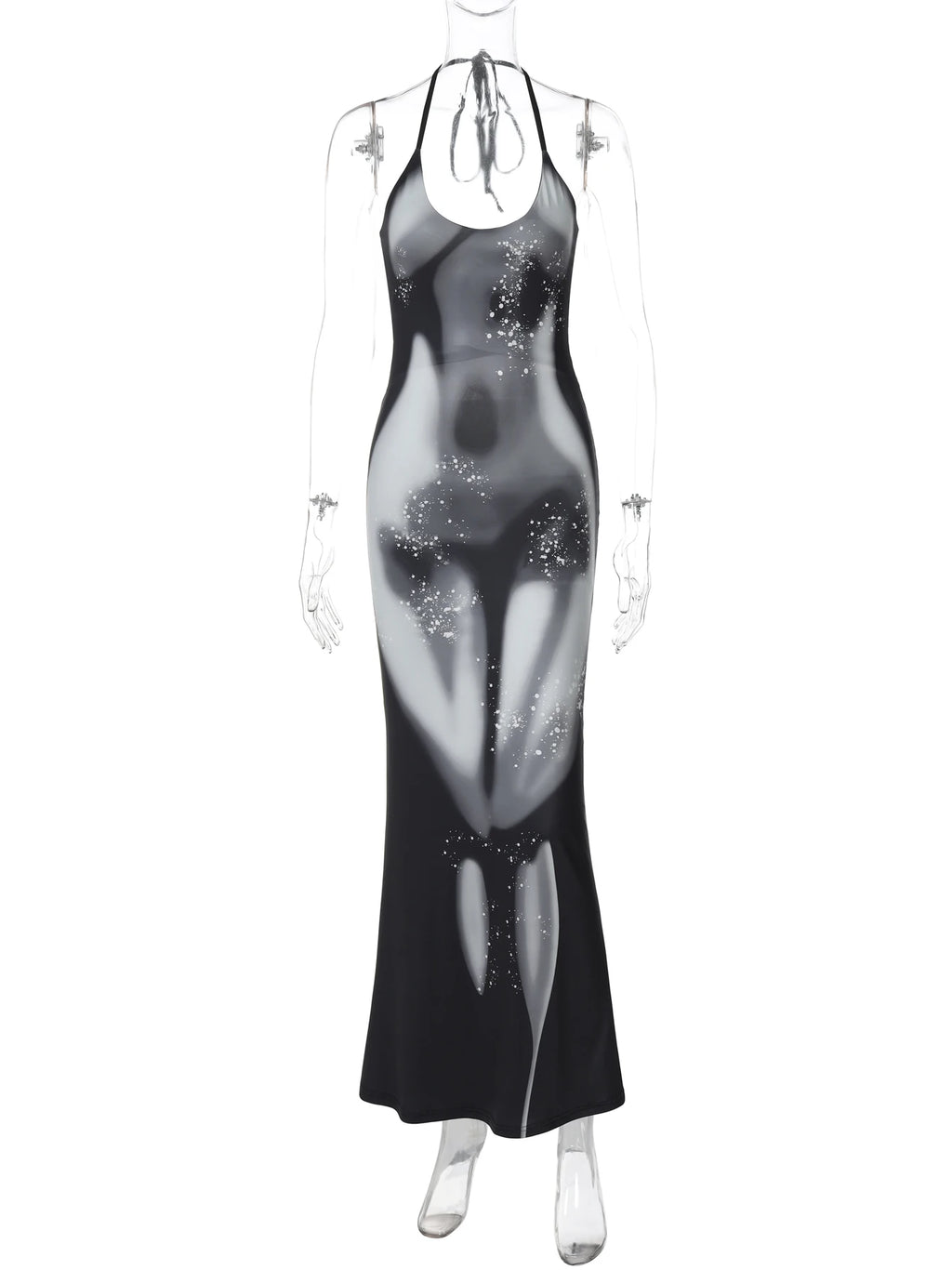 Hugcitar 2025 Frühling Halter Print Halter-Backless Verband Gürtel Sexy Bodycon Maxi Kleid Frauen Mode Outfits Streetwear Festival