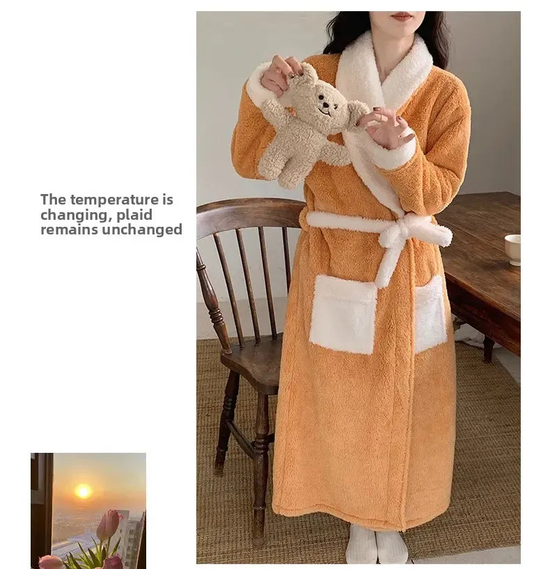 Verdickte Korallen Fleece Robe frauen V-ausschnitt Gürtel Langarm Mid-länge Süße Stil Warme Hause Kleidung Winter Saison