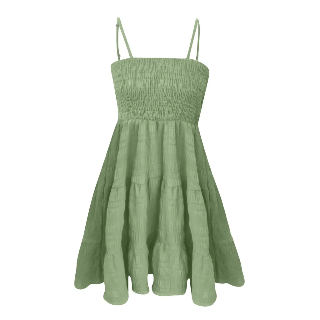 Bohemian Strand Sommerkleid Frauen Sexy Ärmellose Backless Große Schaukel Mini Kleid Solide Spaghetti Strap Rüschen Kleid Sommer Vestidos