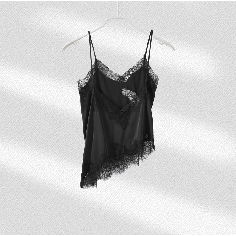 Sommer Frauen Halter Top Satin Spitze Gespleißt Tank Backless Tiefem Hals Sexy Weste Unregelmäßigen Saum Vestidos 2025, Dame Urlaub Sexy Tops