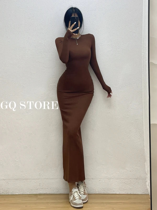 WOMENGAGA Einfache Maxi Langes Kleid Rundhals Langarm Enge Dünne Maxi Kleider Elegante Mode Koreanische Frauen Robe DEH8