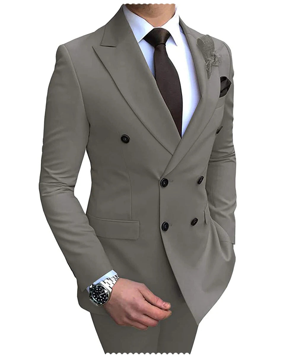 2024 Neuer beigefarbener Herrenanzug, 2-teilig, zweireihig, Reverskragen, flach, schmale Passform, lässiger Smoking für Hochzeit (Blazer + Hose)