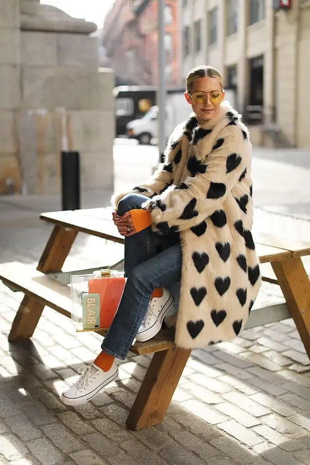 Winter Fashion Week Mode Lange Liebe Herz Muster Hohe Qualität Faux Fuchs Pelzmantel Frauen Jacke