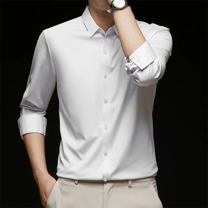 Neues, langärmliges, einfarbiges Business-Casual-Hemd für Herren, knitterfrei, knitterfrei, bequem, vielseitiges Oberteil für die ganze Saison