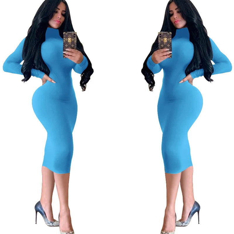 Winter Schwarz Rollkragen Sexy Frauen Kleid Herbst Langarm Dünne Midi Boydcon Casual Blau Plüsch Knie-Länge Party