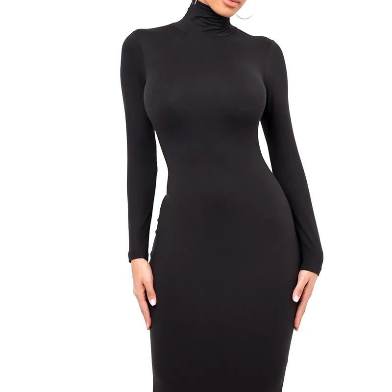 Winter Schwarz Rollkragen Sexy Frauen Kleid Herbst Langarm Dünne Midi Boydcon Casual Blau Plüsch Knie-Länge Party