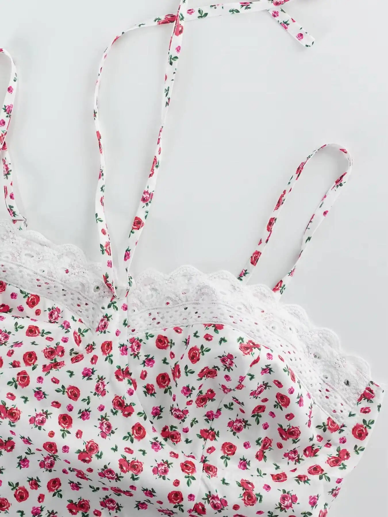 Mini-Kleid für Frühling und Sommer, Damen, Blumenmuster, Spitzenbesatz, Spaghettiträger, ausgestelltes, lässiges, romantisches Kleid für Dates, Urlaub und Strand