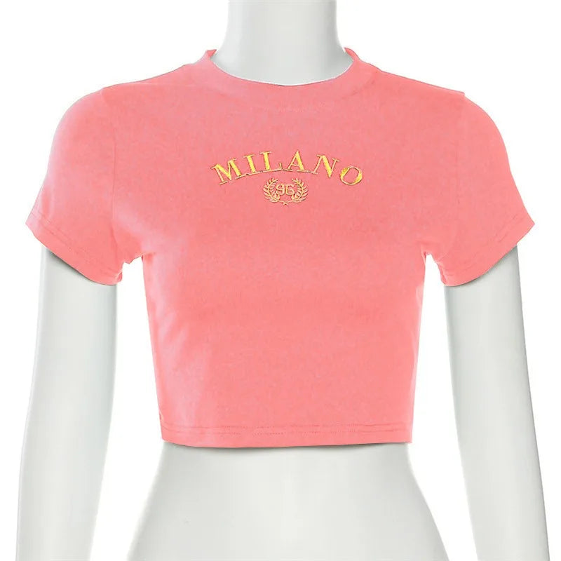 Women's T-shirt Clothese Short Sleeve Black Crop Top Harajuku Letter Embroidery T Shirt Female Summer Sexy O-Neck Cropped Tops
