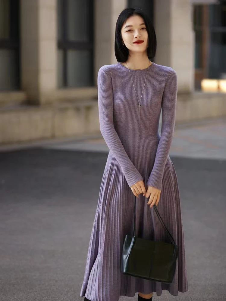 Frühling Herbst Pullover Damen Kleid 100 % Merinowolle Kleid O-Ausschnitt Slim Maxirock Basic Langarm Kleid Sexy Inside Join Dress
