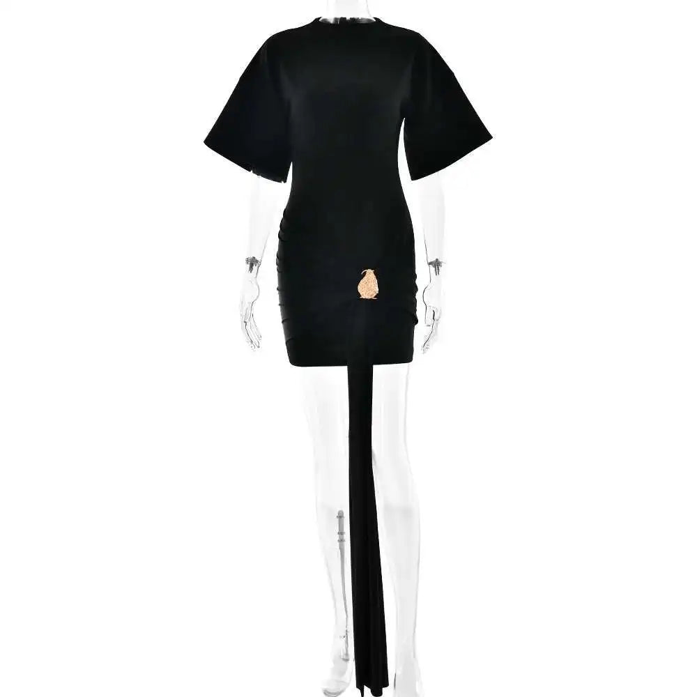 Apprabant Women Buckle Ruched Ribbon Mini Dress O-Neck Metal Short Sleeve Solid Color Silm Bodycon Short Dress Casual Partywear