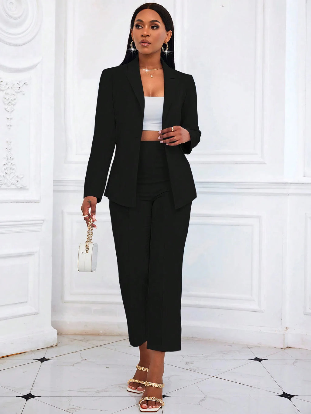 Damen Schwarzer Einfarbiger Zweiteiler 2026 Langarm-Blazer & Hochgeschnittene Cropped-Hose Set Büro-Arbeitskleidung Outfit