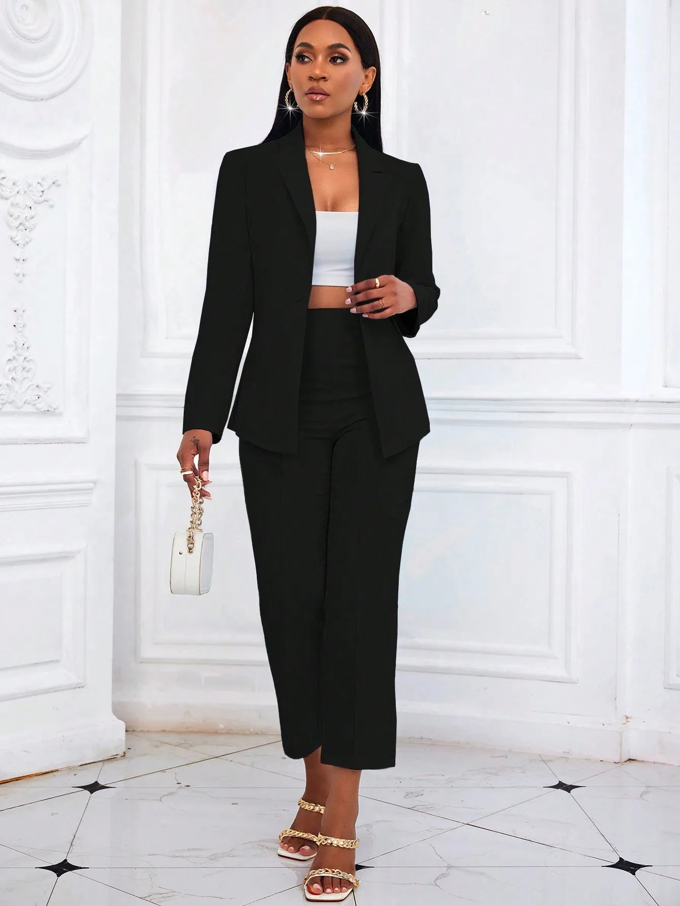 Damen Schwarzer Einfarbiger Zweiteiler 2026 Langarm-Blazer & Hochgeschnittene Cropped-Hose Set Büro-Arbeitskleidung Outfit