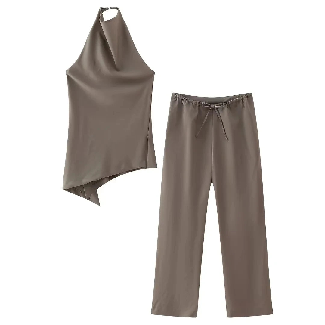 HH Frauen Vintage Solide Hose Sets Sexy Backless Halter Camis Top Asymmetrische Tank Top + Kordelzug Hosen Mode Streetwear
