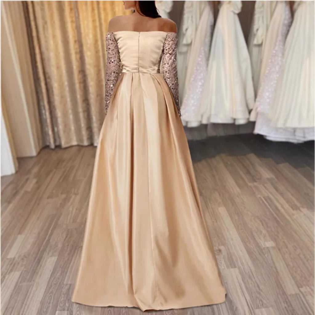 Langärmliges, glitzerndes Pailletten-Abendkleid 2026, formelles Party-Dinner, Bankett, Host-Kleider, elegantes, schulterfreies, bodenlanges Kleid