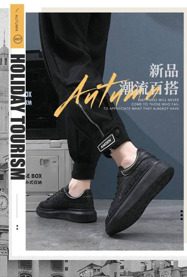 2025, neue Herrenschuhe, Frühling und Herbst, flache Sohlen, lässige Lederschuhe, Sportschuhe, schwarze und weiße Herren-Schuhe mit dicken Sohlen, atmungsaktiv