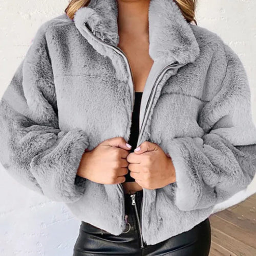 2025, Winter frauen Warme Jacke Zipper Strickjacke Faux Pelz Mode Langarm Stehen Kragen Plüsch Mantel für Weibliche