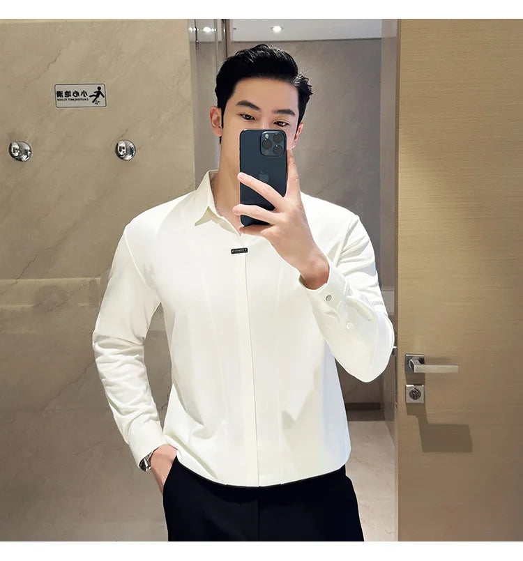 Men Long Sleeved Polo Shirt 2024 Autumn British Style Solid Casual Elastic Slim Fit T-shirt Formal Dress Polo Shirt Men Clothing