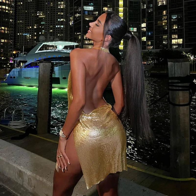 Sexy und modisches Damen-Kleid, elegant, kurz, mit hängendem Hals, rückenfrei, unten auf der Brust, Pailletten, Party-Mädchen-Tanzkleid