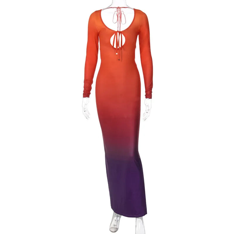 Sexy Vorne Brust Aushöhlen Gradienten Schlank Bodycon Maxi Kleid Frauen Cross Strap Backless Dünne Abendkleid Club Party Vestidos