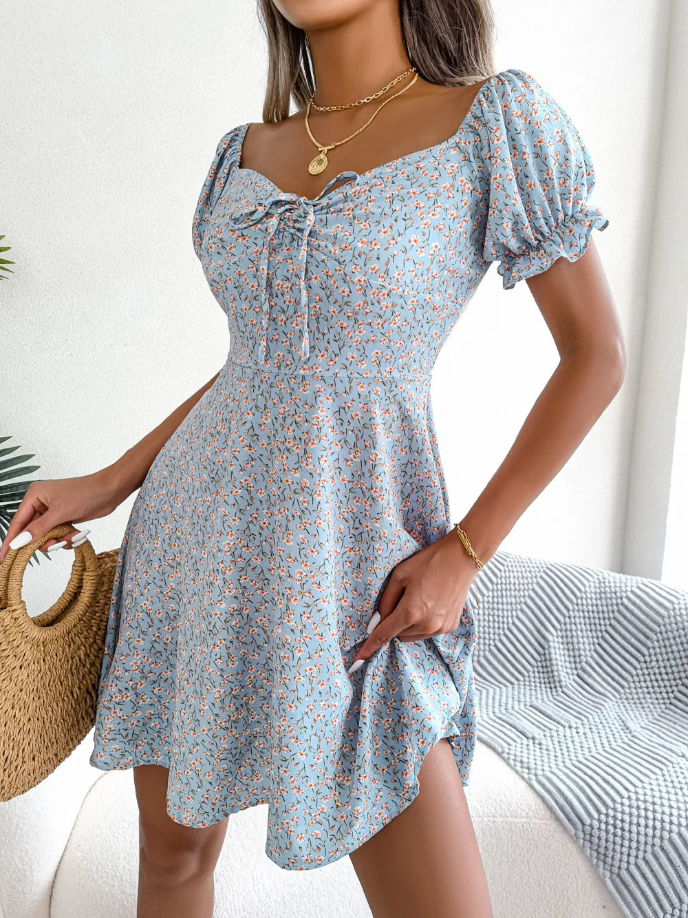 Sommer Blumendruck Kurzes Kleid Bufftrly Ärmel Retro Damenkleider Mode Lässig Square Neck Tunika Strandkleid Elegant Chic