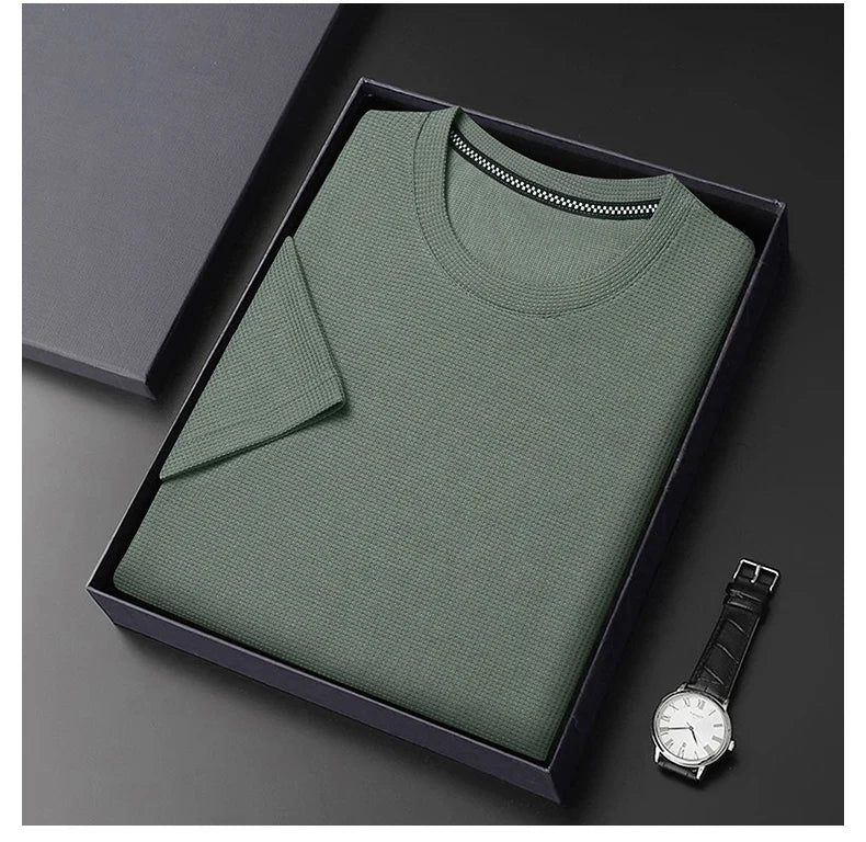 Kurzarm-PoloshirtKurzarm Waffle Solid Polot Fashion Splicing Herren-Rundhals-Top aus Baumwolle mit kurzen Ärmeln für den täglichen Gebrauch
