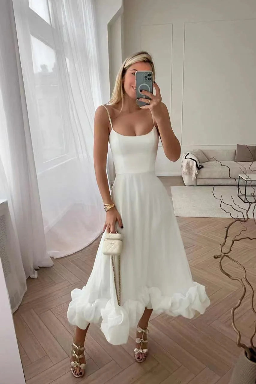 Elegante Rüschen solide Schlinge langes Kleid Frauen Riemen Taille Party Kleider Mode ärmellose rücken freie Strands chaukel Rock A-Linie Tutu