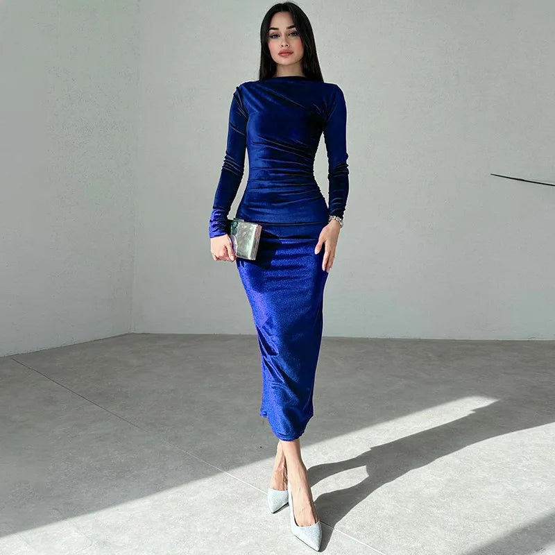 2024 frühling Sommer Samt Langarm Midi Kleid Für Frauen Geraffte Lange Kleid Elegante Party Kleidung Abend Grün Outfits