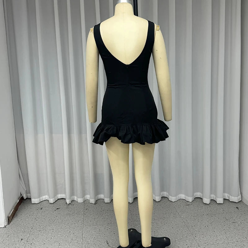 Wefads Mini Dress Women Elegant Sexy Solid Sleeveless Round Neck Nipped Waist Backless Evening Party Bubble Black Short Dresses