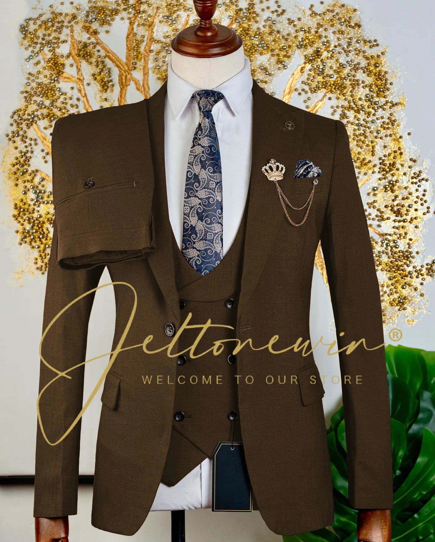 Brauner dreiteiliger Herrenanzug mit Weste und Hose, schmale Passform, formelle Kleidung für Hochzeit, Trauzeugen, Party, Business-Anlass