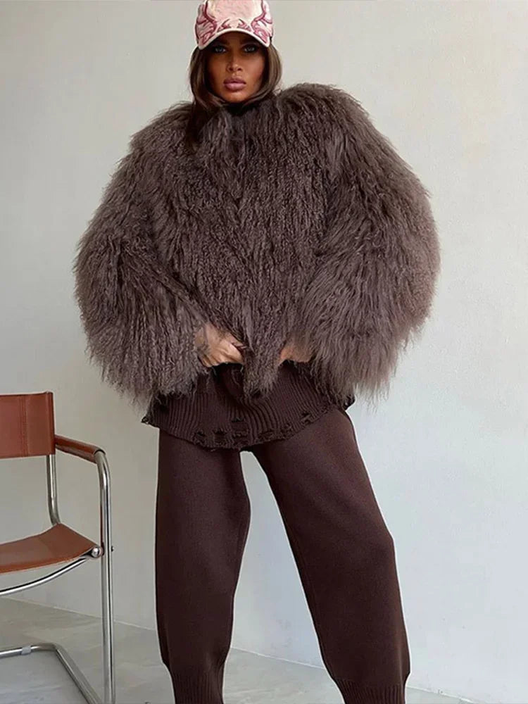 Brauner mittellanger Pelzmantel für Damen, Revers, versteckter Knopf, lockere, elegante Oberbekleidung, 2025, modischer Bürodame, Pendelmantel, Neu